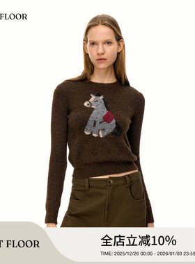 FIRSTFLOOR 复古趣味小马正肩提花混纺羊毛针织休闲圆领毛衣上衣