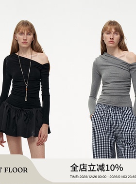 【卢昱晓同款】FIRSTFLOOR 裸感褶皱量感柔肤精棉斜肩长袖T恤上衣