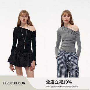 裸感褶皱量感柔肤精棉斜肩长袖 FIRSTFLOOR T恤上衣 卢昱晓同款