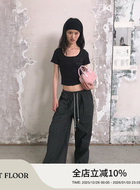 FIRSTFLOOR 撞色格子阔腿裤串珠抽绳格纹宽松直筒裤