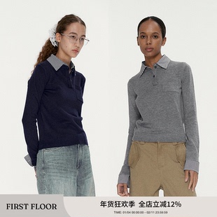 FIRSTFLOOR 柔感细针知识分子打底叠穿上衣拼色假两件针织衫