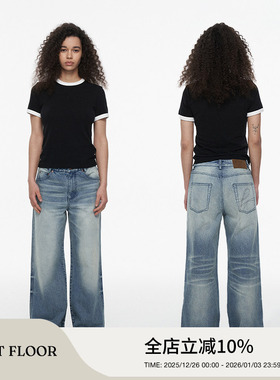 FIRSTFLOOR 复古怀旧蓝色洗水牛仔裤中低腰直筒微喇阔腿拖地裤子