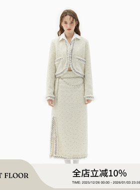 FIRSTFLOOR原创设计乳白色细闪重工厚实花边保暖小香风外套装