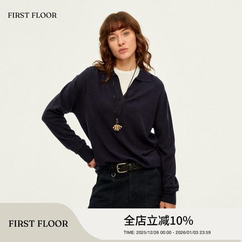 FIRSTFLOOR 秋季丝光桑蚕丝复古宽松polo长袖v领罩衫针织衫女