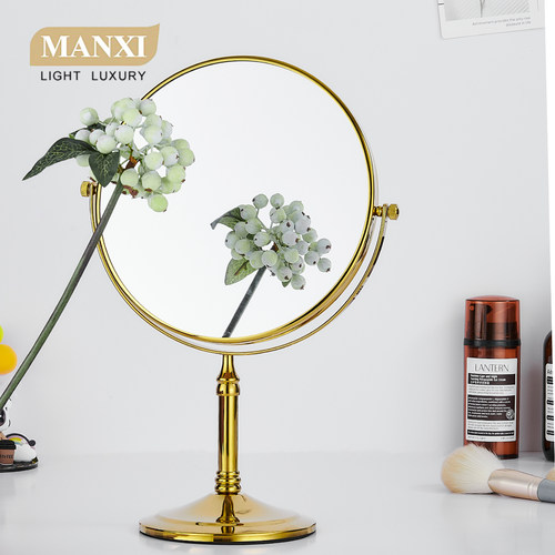 黄铜台式化妆镜欧式轻奢金双面梳妆镜立式放大镜可旋转圆形美容镜