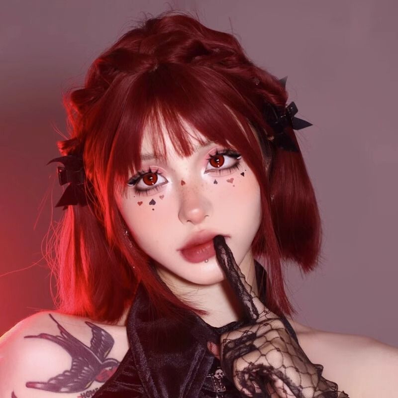 万圣节假发短发女自然全头套式cos小魔女Lolita一刀切红色波波头