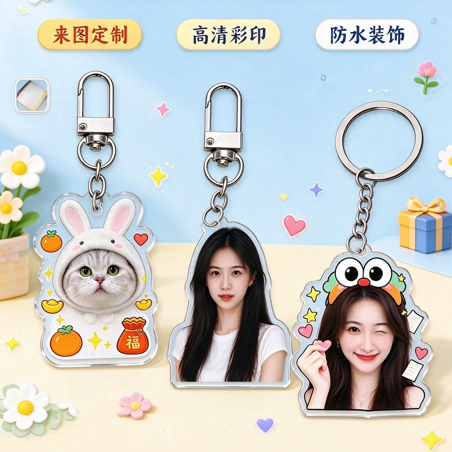 情侣钥匙扣定制亚克力挂件定做宠物diy创意小礼品钥匙链照片打印