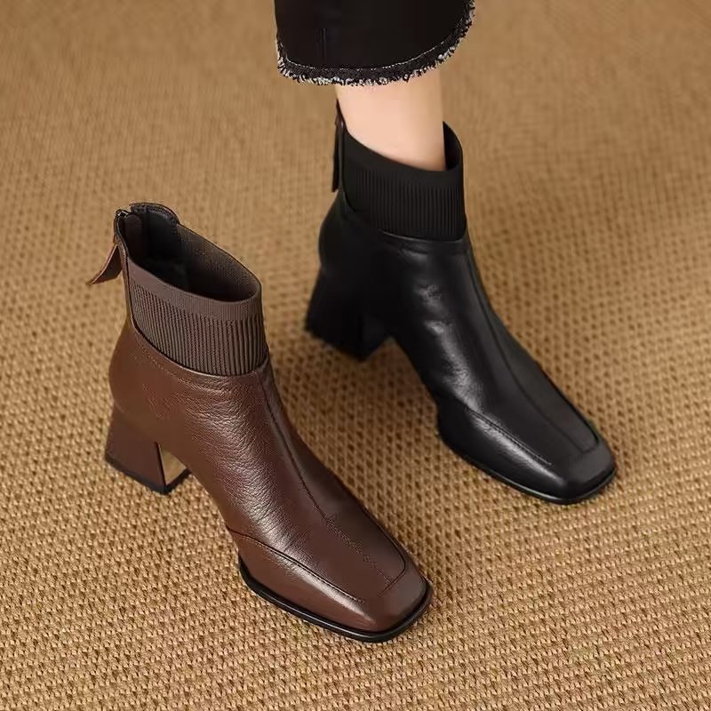 品牌特价真皮马丁靴女2025秋冬新款粗跟中跟百搭防滑针织拼接短靴,女鞋,马丁靴,淘宝优惠券,粉丝福利购,淘宝优惠卷