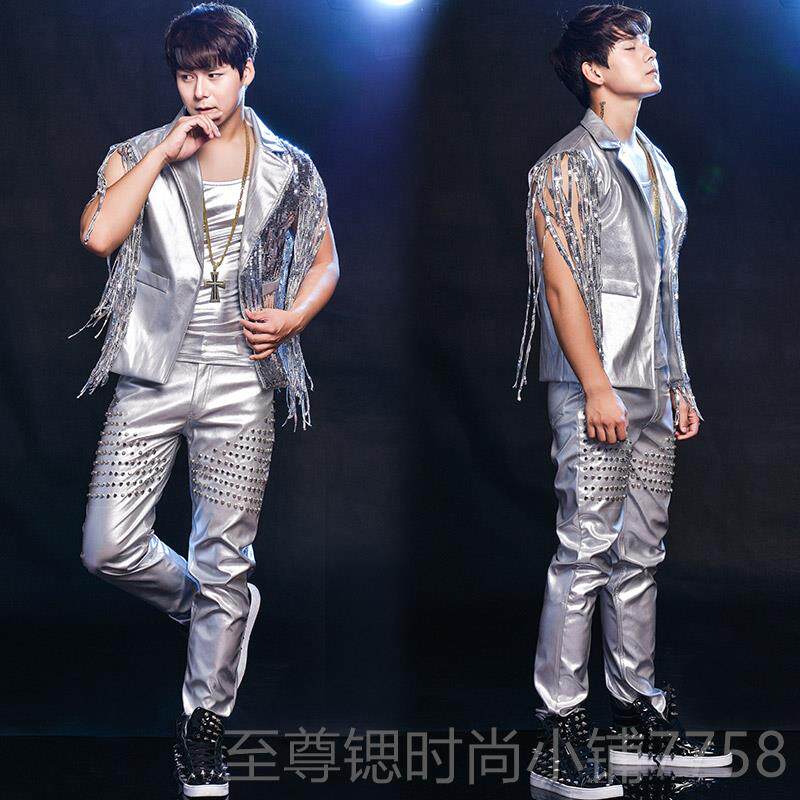 正品男歌马手夜店酒吧架子鼓DJ演铆出服个潮性流苏亮片钉甲pu皮裤