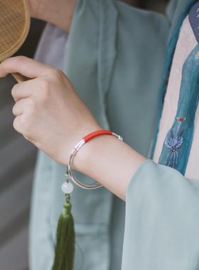 正品红绳儿女银环 999足银复古纯手环手面工推拉可调节光手镯女