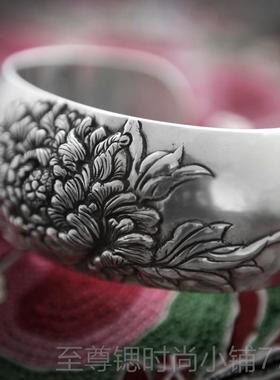 正品喜工月手纯银饰品原创计定制浮雕复古设99足纯银宽手丹镯牡女