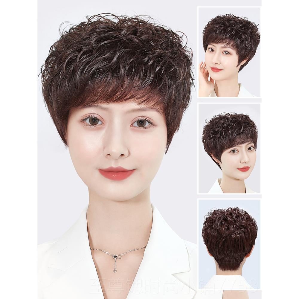 正品假发女短发全头发中年真老发短卷发妈妈套假发全真人全手织假