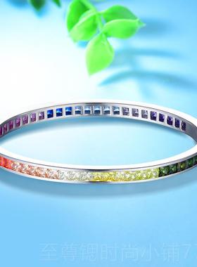 正品卓蝶珠宝尚手纯银镀金渐变彩色蓝宝石镯仿宝银石彩虹饰女时新