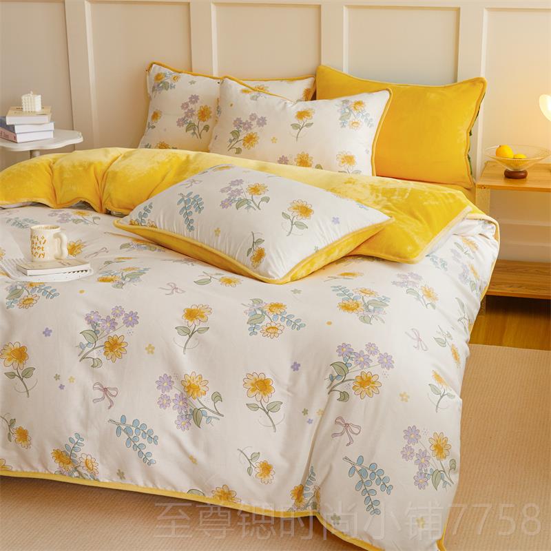 正品全棉床加绒四件套秋冬b面纯棉加绒牛奶绒a被套床单笠绒珊瑚4