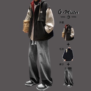 羊羔绒毛棉服男生套装冬季棉衣学生帅气初高中生外套加绒加厚棉袄