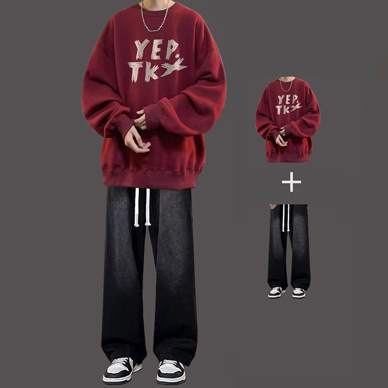 春秋季酒红卫衣套装男生美式痞帅搭配青少年加绒休闲重磅衣服男装