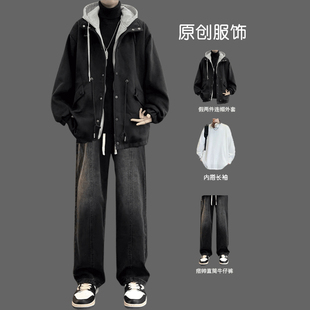 假两件夹克男秋冬宽松连帽毛呢外套韩版ins潮流三件套穿搭牛仔裤