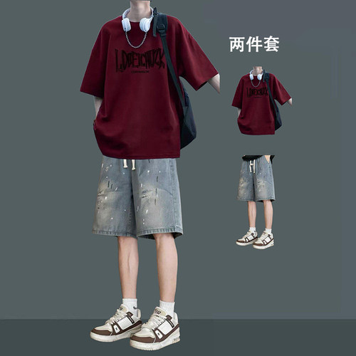夏季男士短袖短裤套装潮流帅气青少年一套搭配休闲运动装两件套