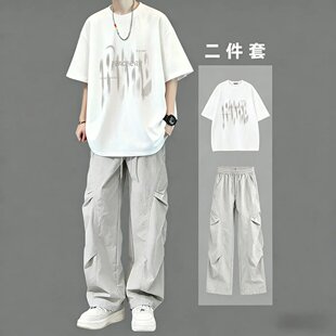 潮流休闲套装男生夏季白色短袖T恤初高中生两件套痞帅气宽松一套
