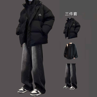 冬季加厚棉服三件套男休闲宽松潮牌学生保暖套装痞帅风外套面包服
