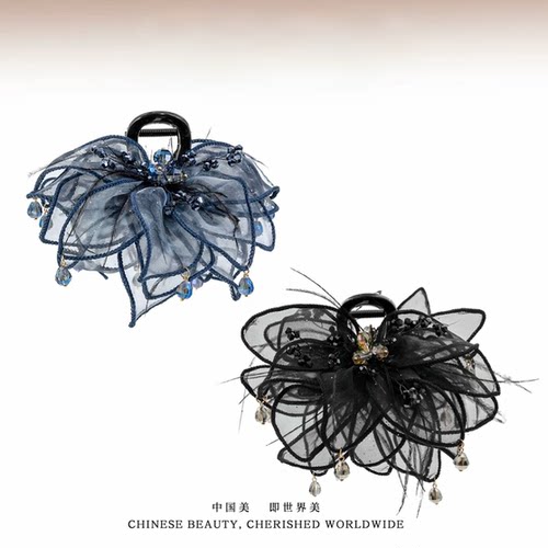 韩版时尚网纱蓬松水晶抓夹蝴蝶结显发量发夹高级感发饰鲨鱼夹女