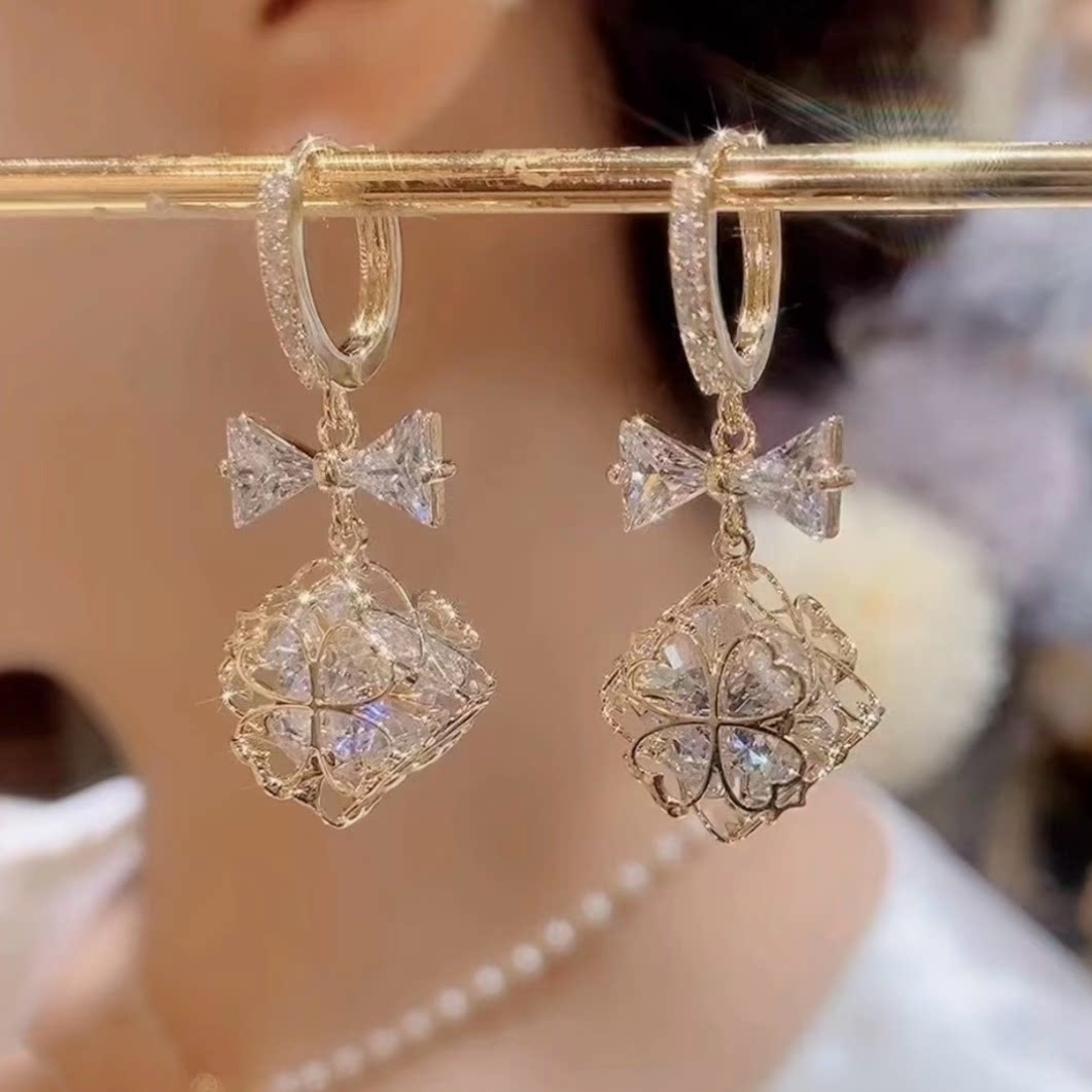 超闪满水钻蝴蝶结耳环大气设计轻奢高级感轻奢立体圆脸耳坠耳饰女