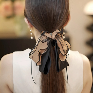 2024气质新款 复古高颅顶发夹 雪纺水墨画蝴蝶结飘逸马尾抓夹新中式