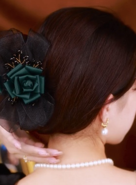 高级感欧根纱绿色蝴蝶结玫瑰花抓夹优雅气质发抓后脑勺鲨鱼发夹卡