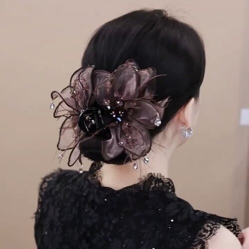 高级感雾羽花发夹女新款气质后脑勺盘发抓夹复古显发量鲨鱼夹发饰