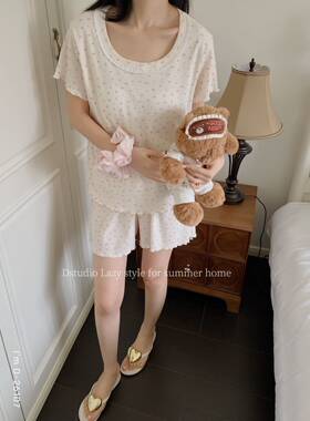 杜小宅带胸垫甜美爱心小碎花短袖套装可爱少女家居服舒适可外穿夏