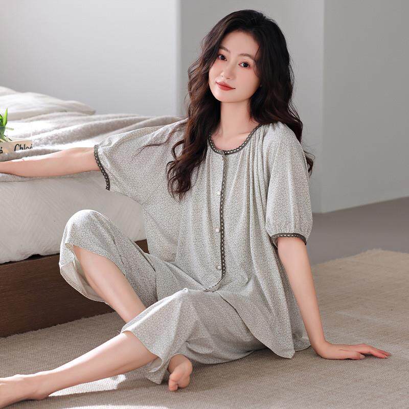 睡衣女士夏季莫代尔短袖七分裤薄款夏款冰丝中老年妇女妈妈家居服