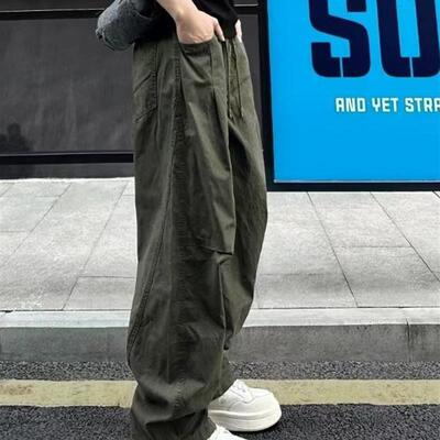 秋季美式复古拼接幼斜弹力高质量男款宽松直筒阔腿伞兵工装裤