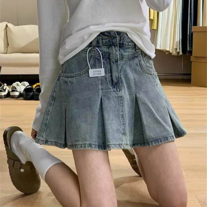 浅色牛仔百褶短裙女夏季新款大码胖mm高腰显瘦梨形身材a字半身裙