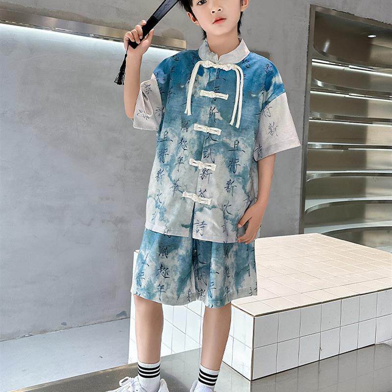 汉服男童夏季套装2025新中式儿童短袖古风小少爷唐装男孩大童衣服