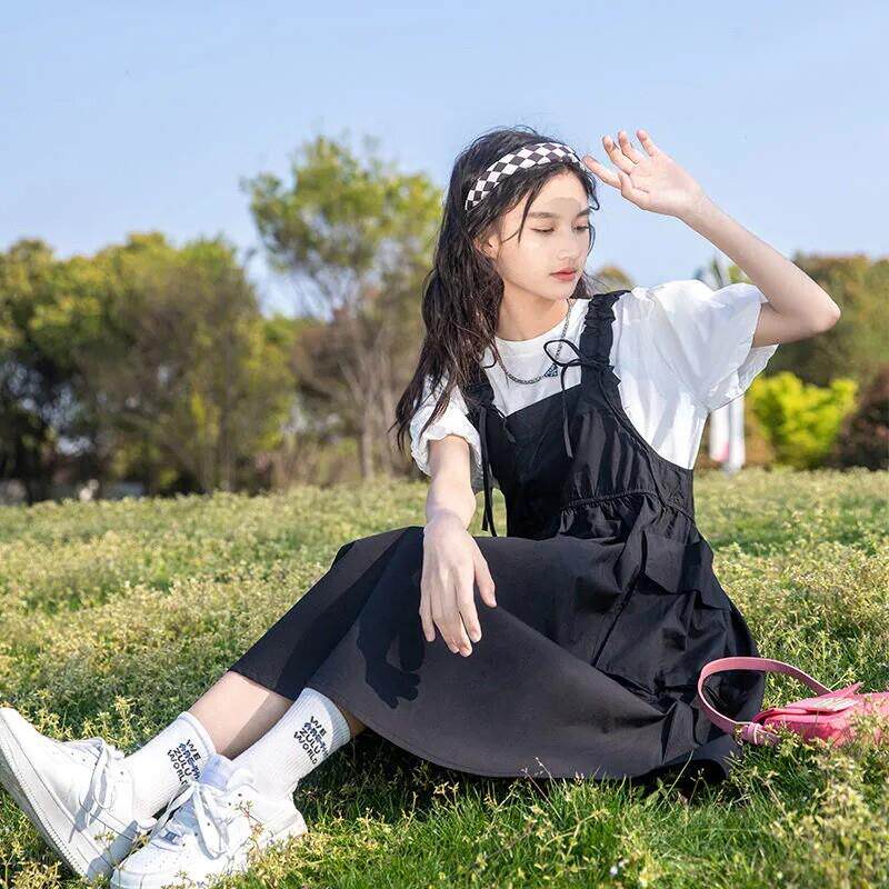 女童夏装套装韩版2025新款13女孩洋气裙子夏季休闲中大童背带裙15