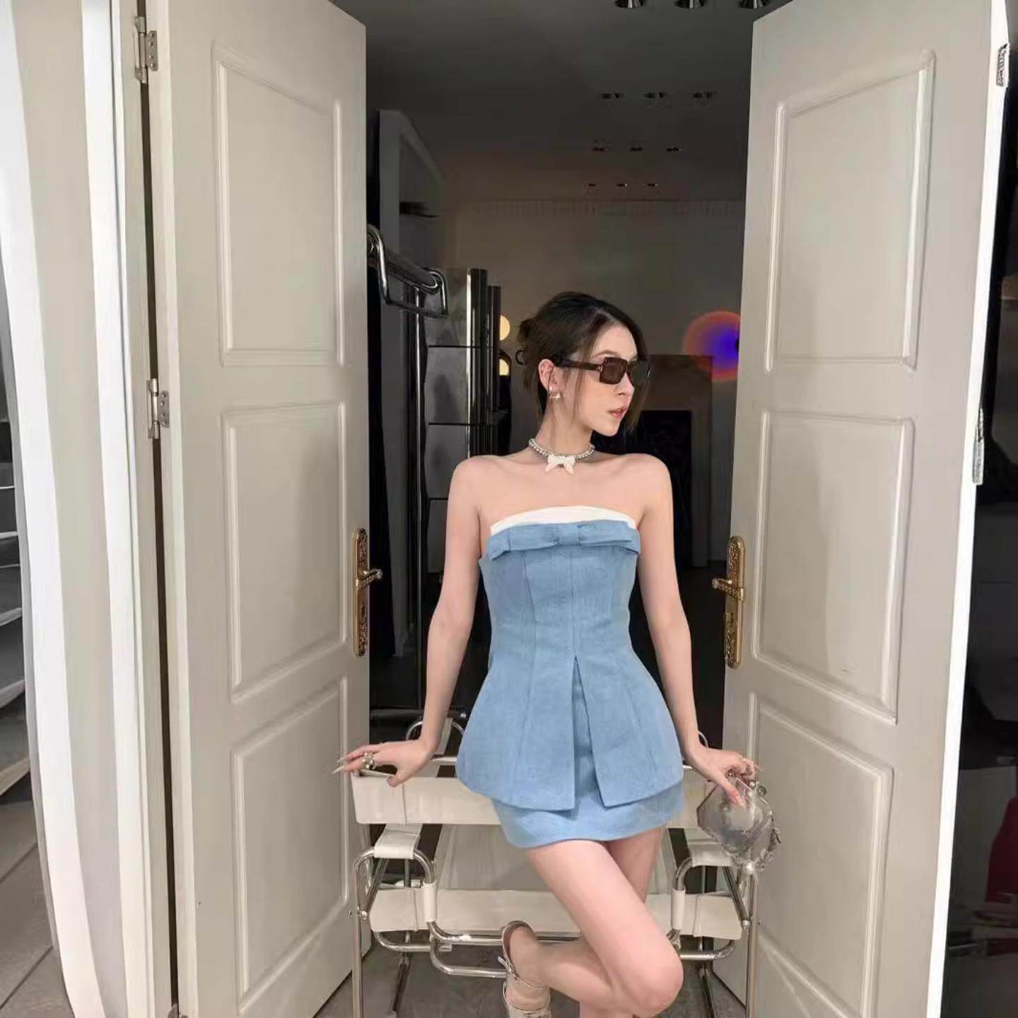 小众设计款上衣套装夏天女休闲装一字肩御姐收腰显瘦抹胸外穿纯欲