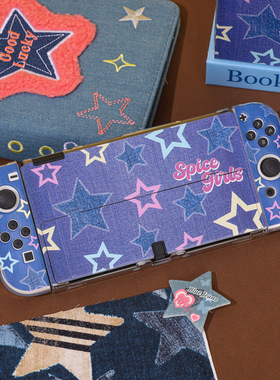 switch OLED保护壳pc透明水晶壳分体式ns主机保护套牛仔星星