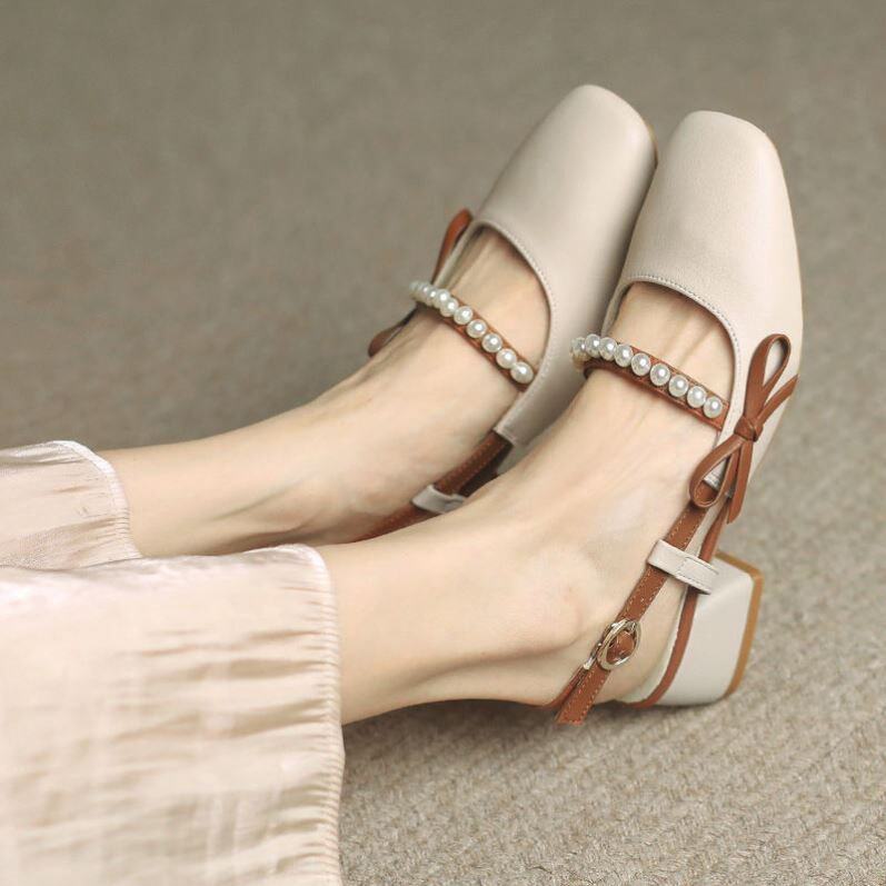 韩系凉鞋玛丽珍真皮凉鞋女2021一字扣学生仙女风包头粗跟珍珠