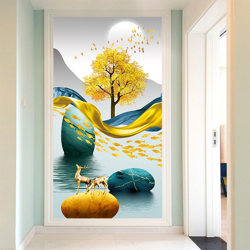 8d玄关走廊背景墙贴画定制壁画过道装饰招财麋鹿贴画墙纸壁纸整张