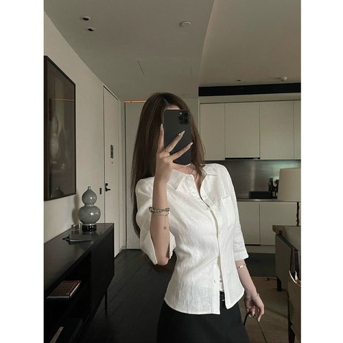 Xzchic100亚麻中袖衬衫女2026夏季褶皱感衬衣收腰上衣亚麻衬衫女