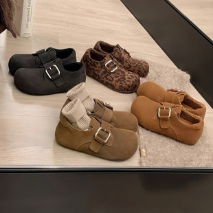 女秋冬保暖棉鞋 牛皮 勃肯鞋 内增高4cm豹纹加绒毛毛单鞋 葡萄ma同款