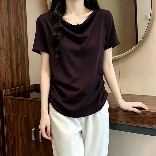 实拍210克精棉堆堆领短袖T恤时尚减龄小众通勤设计感打底衫女
