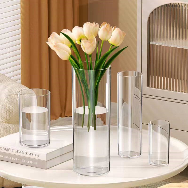 玻璃花瓶简约高级感摆件客厅富贵竹水培绿植插花瓶透明直筒醒花桶