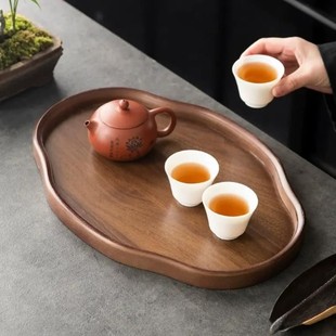创意竹木如意形点心干果展示家用茶馆盘子茶具 胡桃色托盘茶盘中式