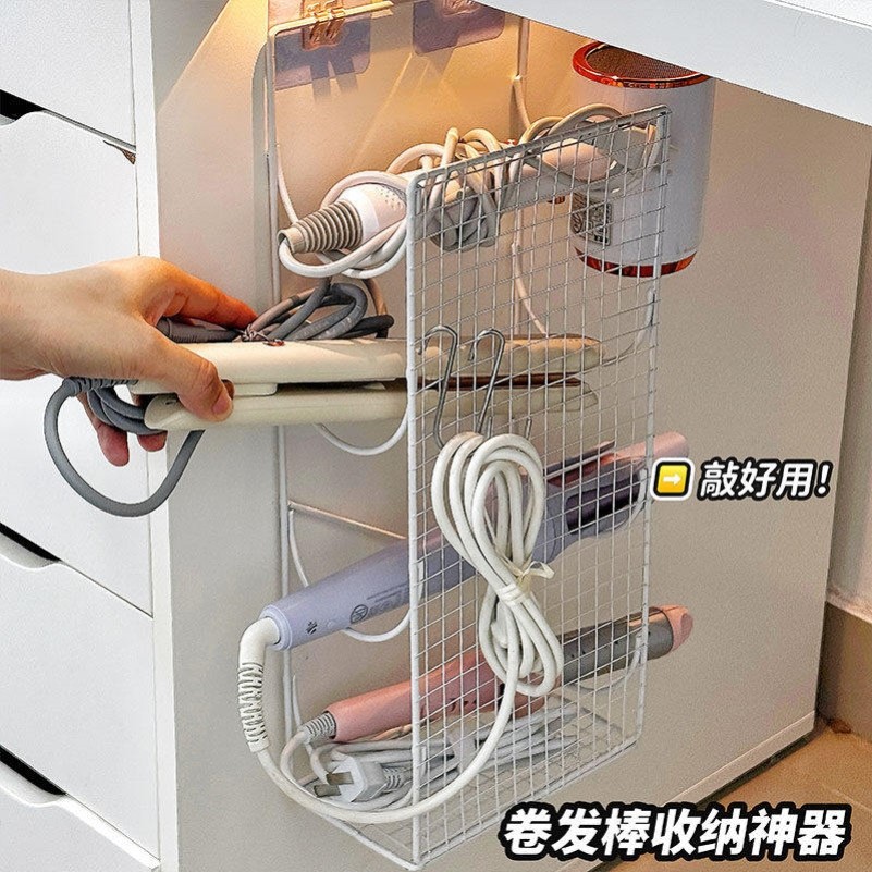 卷发棒收纳架防烫免打孔壁挂钩吹风机梳妆台桌下分层直夹板置物架