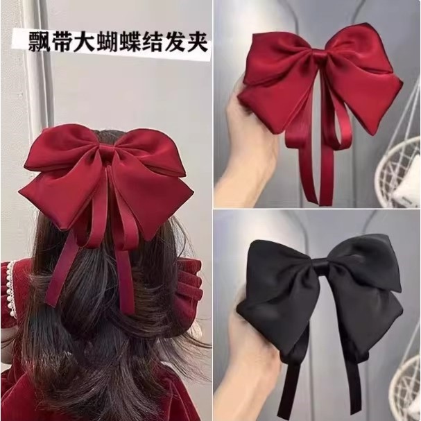 儿童红色绸缎蝴蝶结发夹飘带头饰女童后脑勺夹子女孩发饰公主发卡