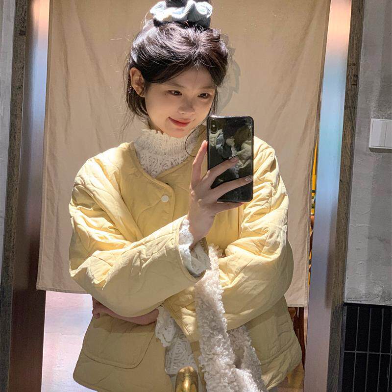 日系菱格黄色棉衣外套女2024秋冬新款宽松百搭小个子轻薄保暖棉服