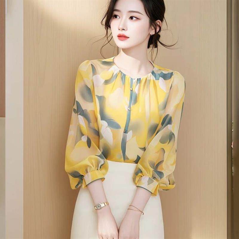 法式碎花雪纺衬衫女士2026七分袖秋季新款宽松显瘦上衣气质小衫