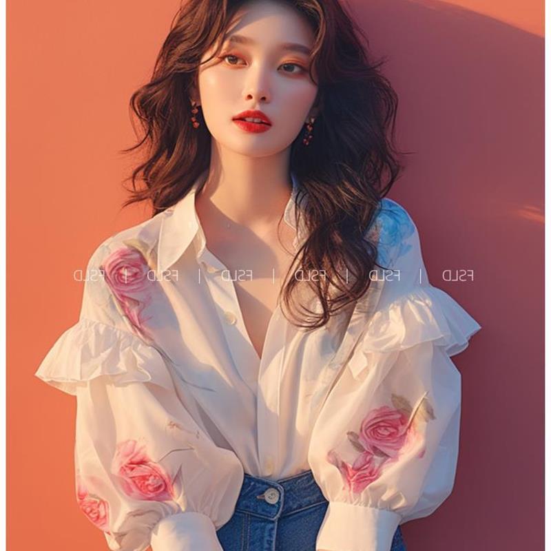 今年流行的独特漂亮法式上衣白色印花泡泡袖小衬衫2024新款女夏季