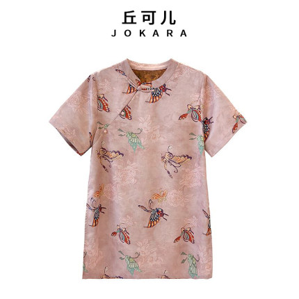 Jokara/丘可儿（云衣蝶）中式盘扣蝴蝶印花短袖复古女士T恤